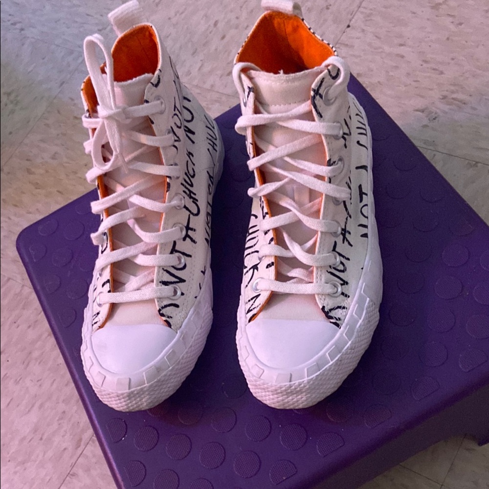 White and Orange High-Top Sneakers